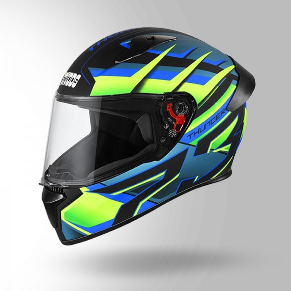 STUDDS THUNDER D6 DECOR MATT BLACK / GREEN & BLUE WITH SPOILER HELMET